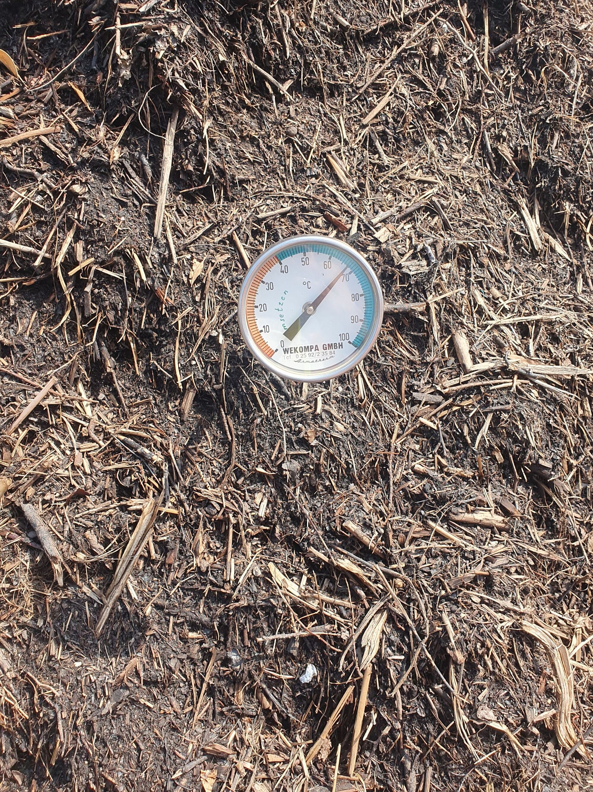  – Die runde Anzeige eines Stabthermometers, das in einem Komposthaufen steckt.  Der Zeiger steht auf 67 Grad Celsius.
